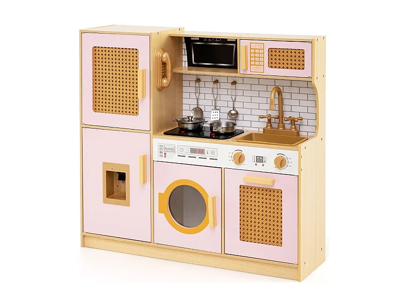 Cucina per bambini con ante in rattan, luci e suoni e frigorifero Cucina da gioco Cucina giocattolo Rosa