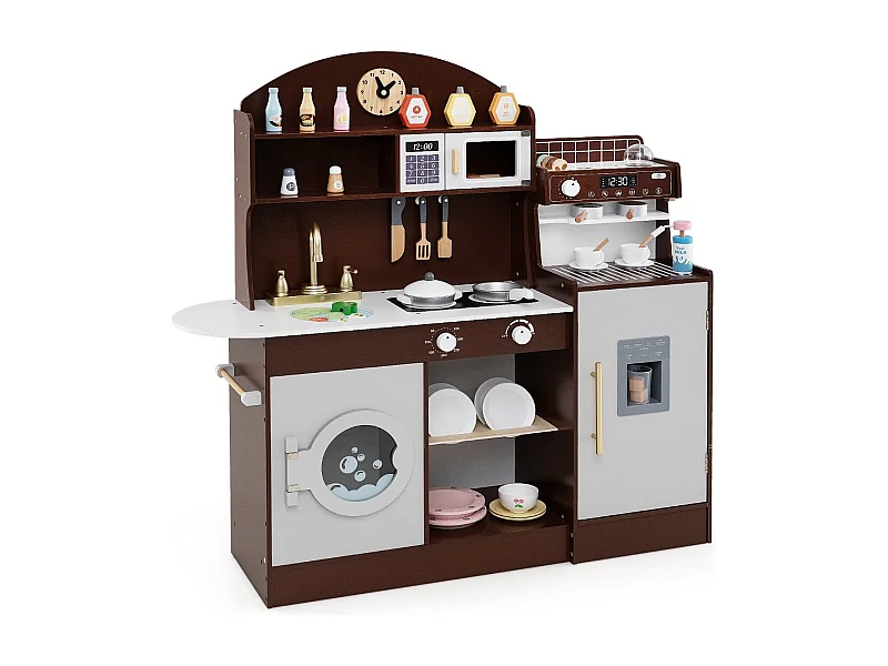 Kinderküche mit 27 Zubehör Spielküche Holz mit Uhr Mikrowelle Braun