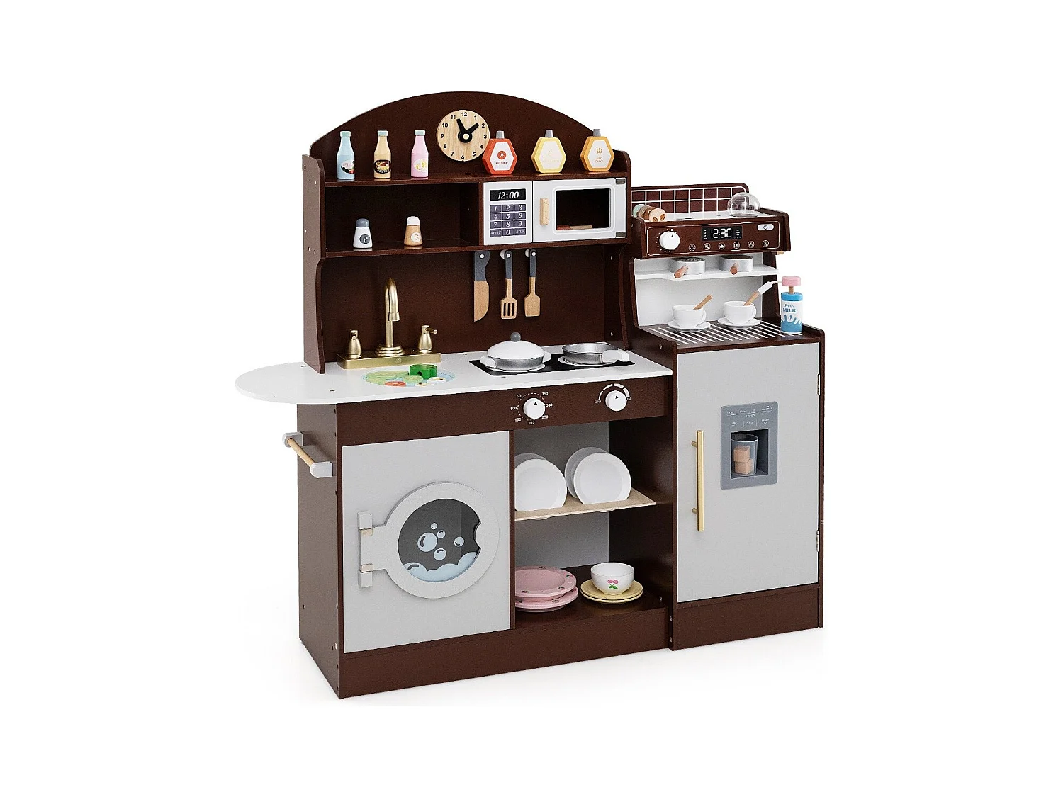 Kinderküche mit 27 Zubehör Spielküche Holz mit Uhr Mikrowelle Braun