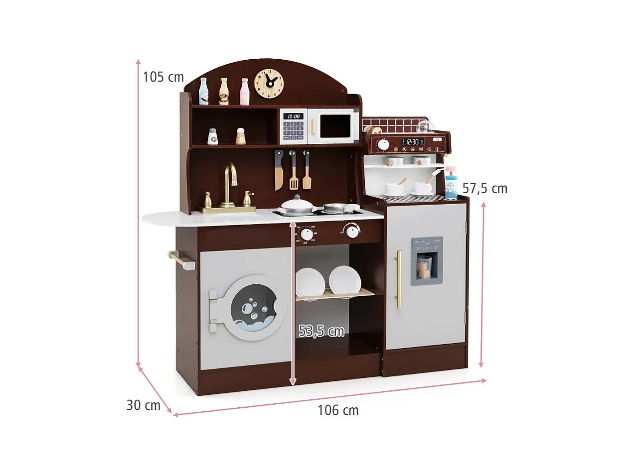 Kinderküche mit 27 Zubehör Spielküche Holz mit Uhr Mikrowelle Braun