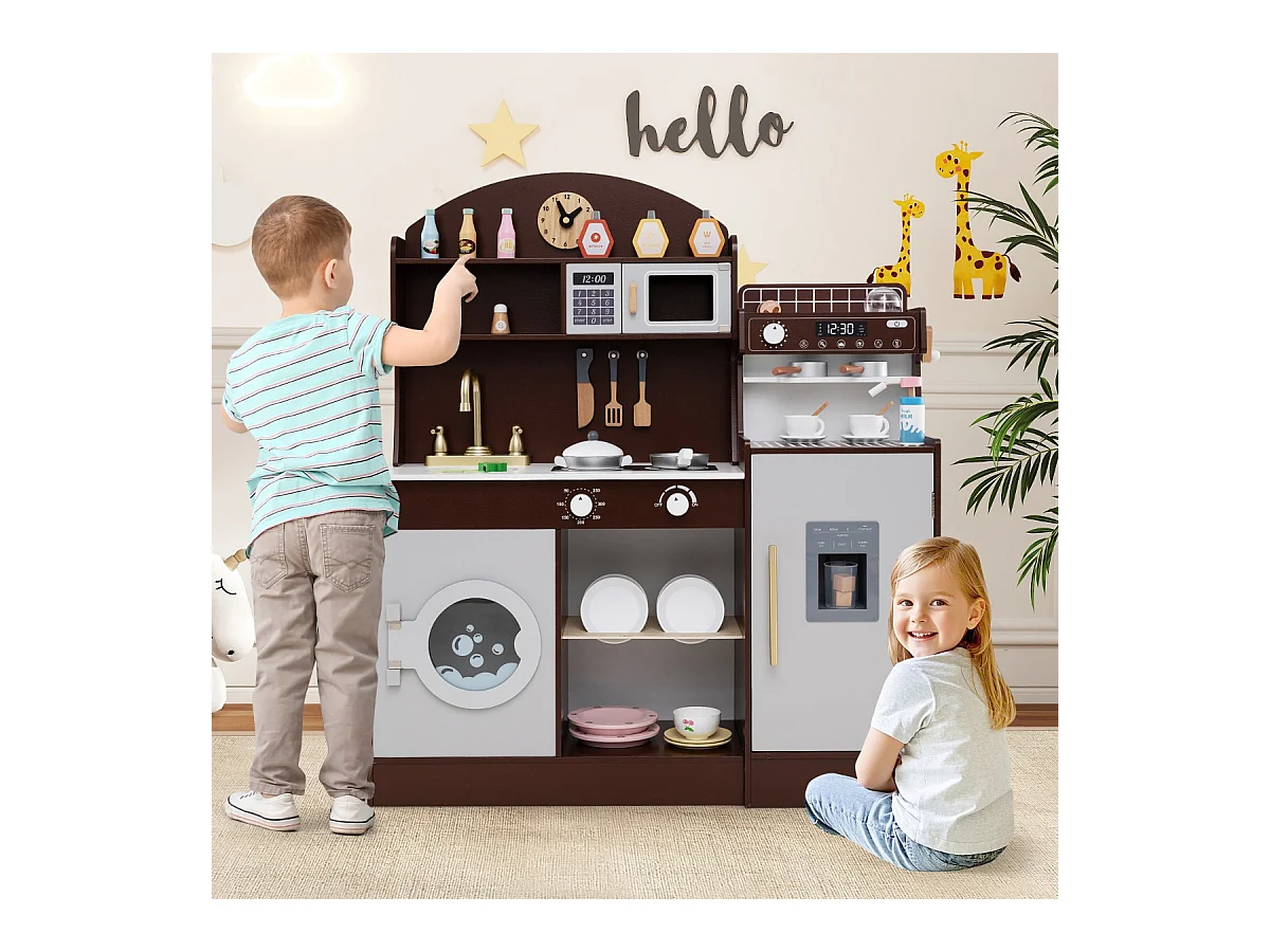 Kinderküche mit 27 Zubehör Spielküche Holz mit Uhr Mikrowelle Braun