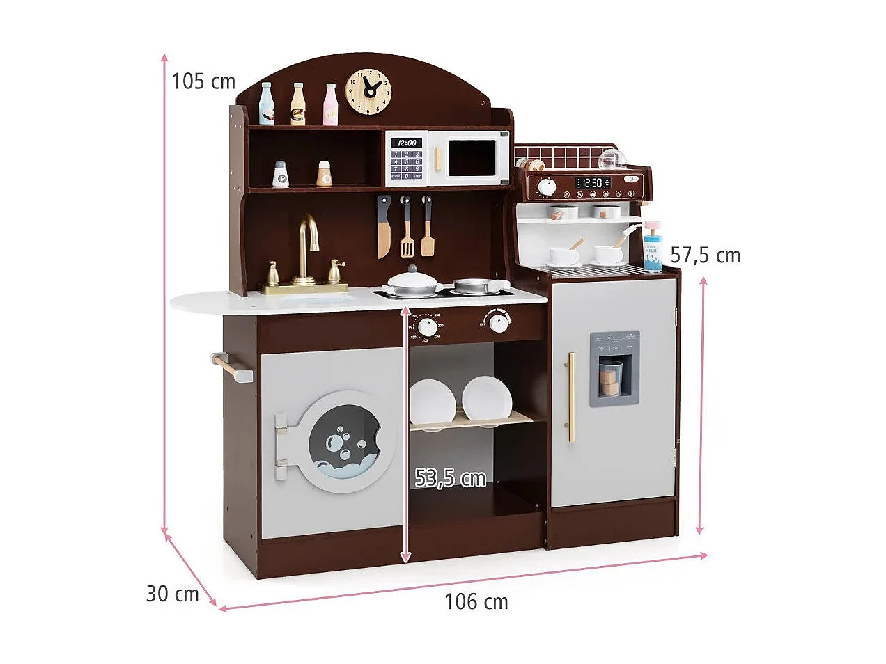 Set cucina per bambini con spazio di conservazione, Cucina in legno per gioco di cucina con accessori Marrone