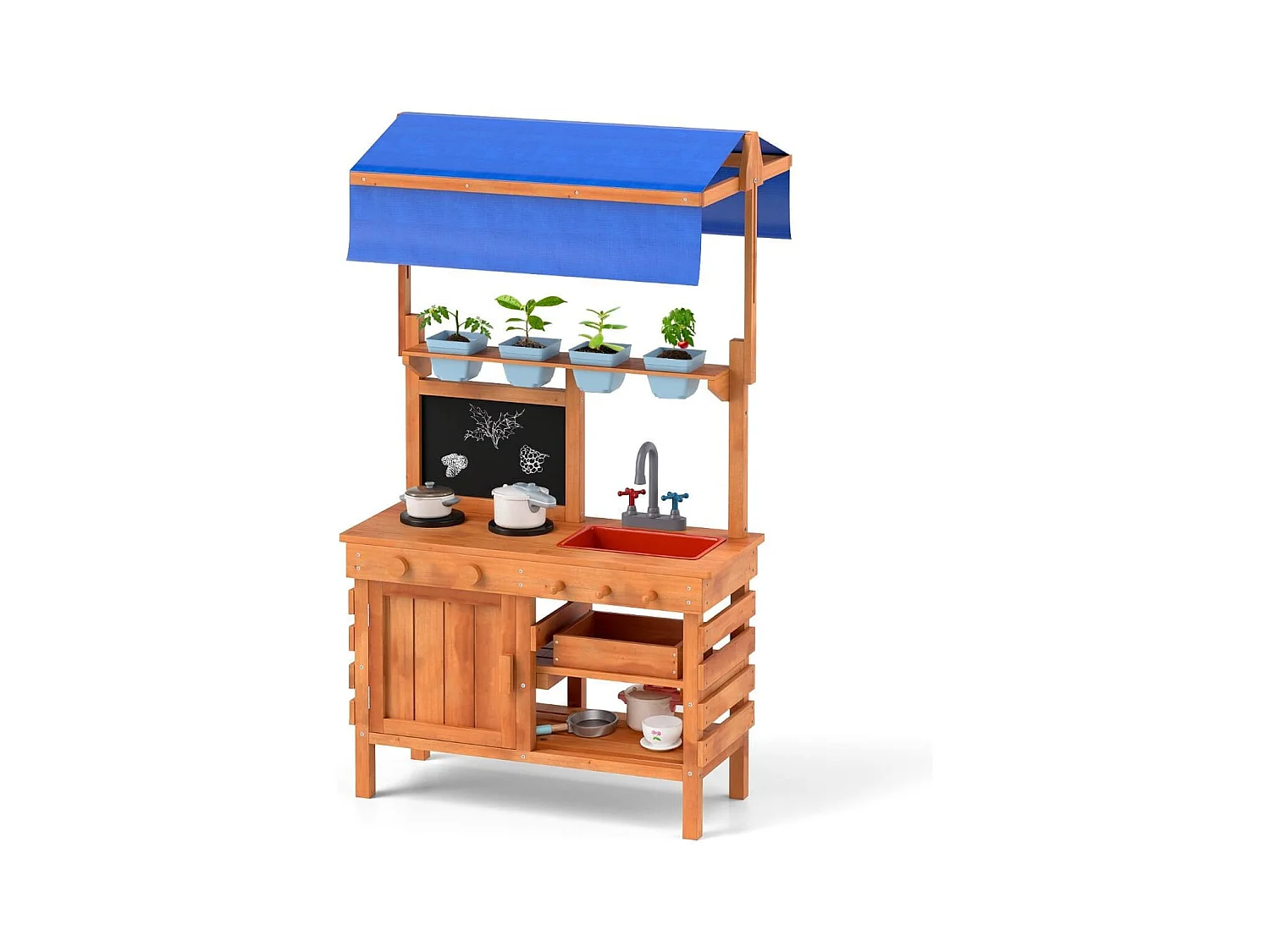 Matschküche für Kidner Kinderküche Holz mit Höhenverstellbarem Sonnendach 77 x 52 x 135 cm