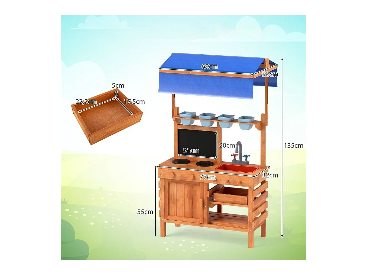 Matschküche für Kidner Kinderküche Holz mit Höhenverstellbarem Sonnendach 77 x 52 x 135 cm