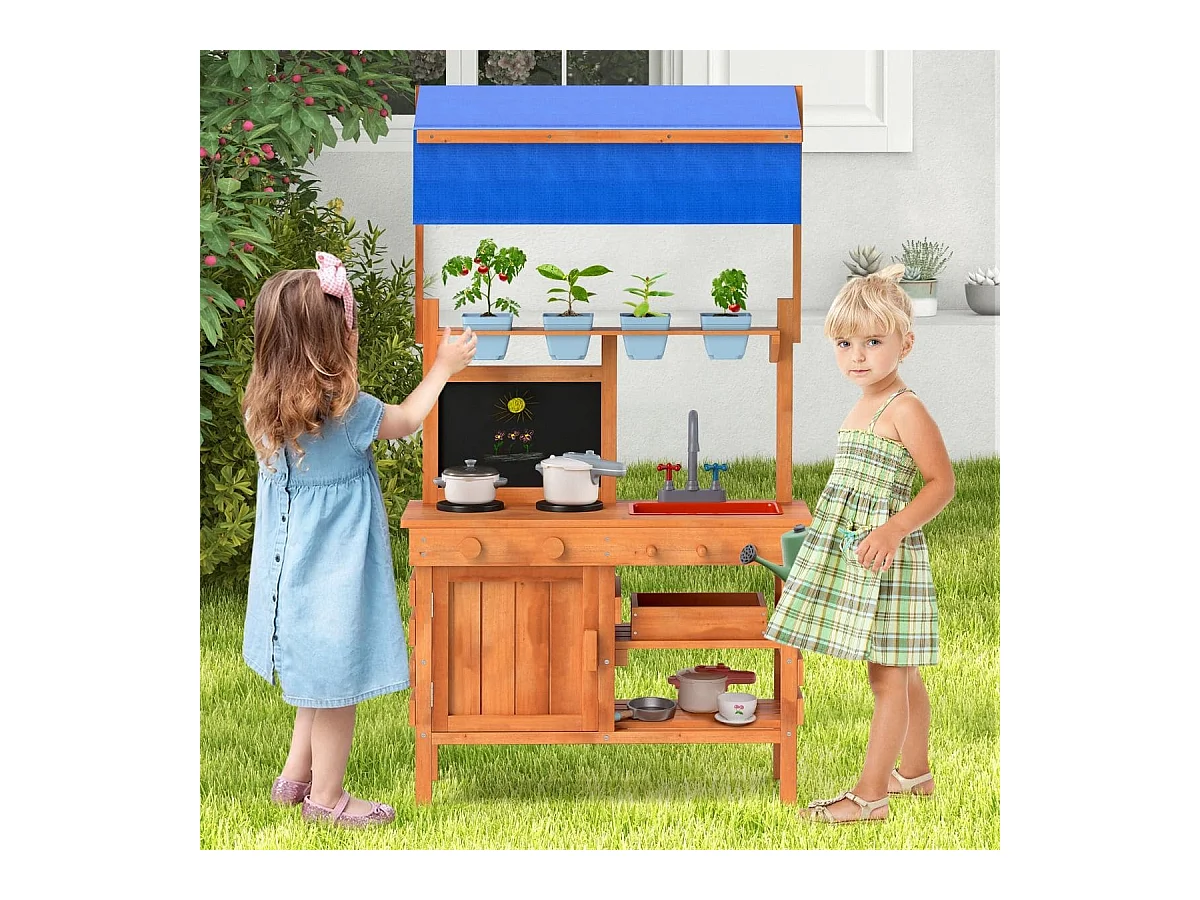 Matschküche für Kidner Kinderküche Holz mit Höhenverstellbarem Sonnendach 77 x 52 x 135 cm
