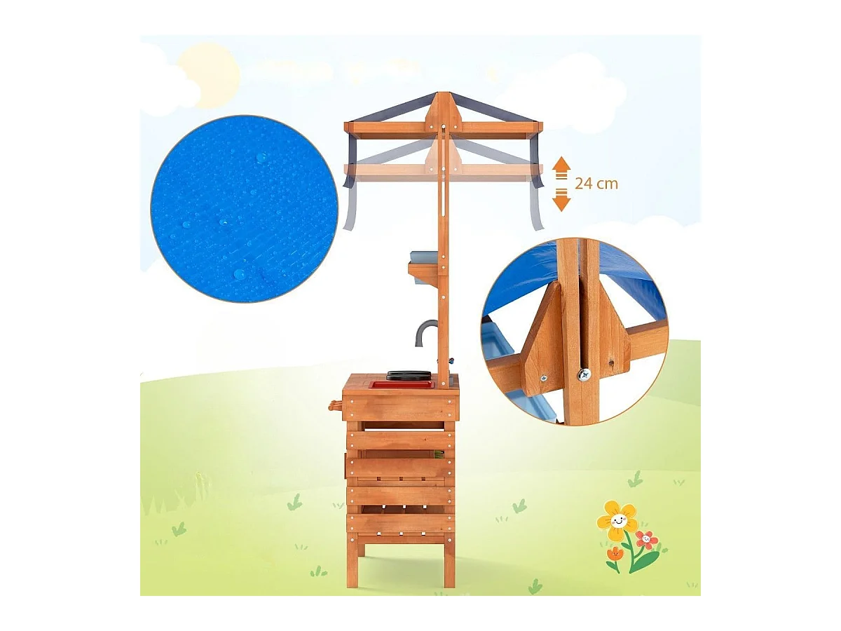 Matschküche für Kidner Kinderküche Holz mit Höhenverstellbarem Sonnendach 77 x 52 x 135 cm
