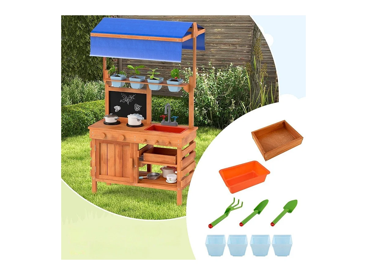 Matschküche für Kidner Kinderküche Holz mit Höhenverstellbarem Sonnendach 77 x 52 x 135 cm