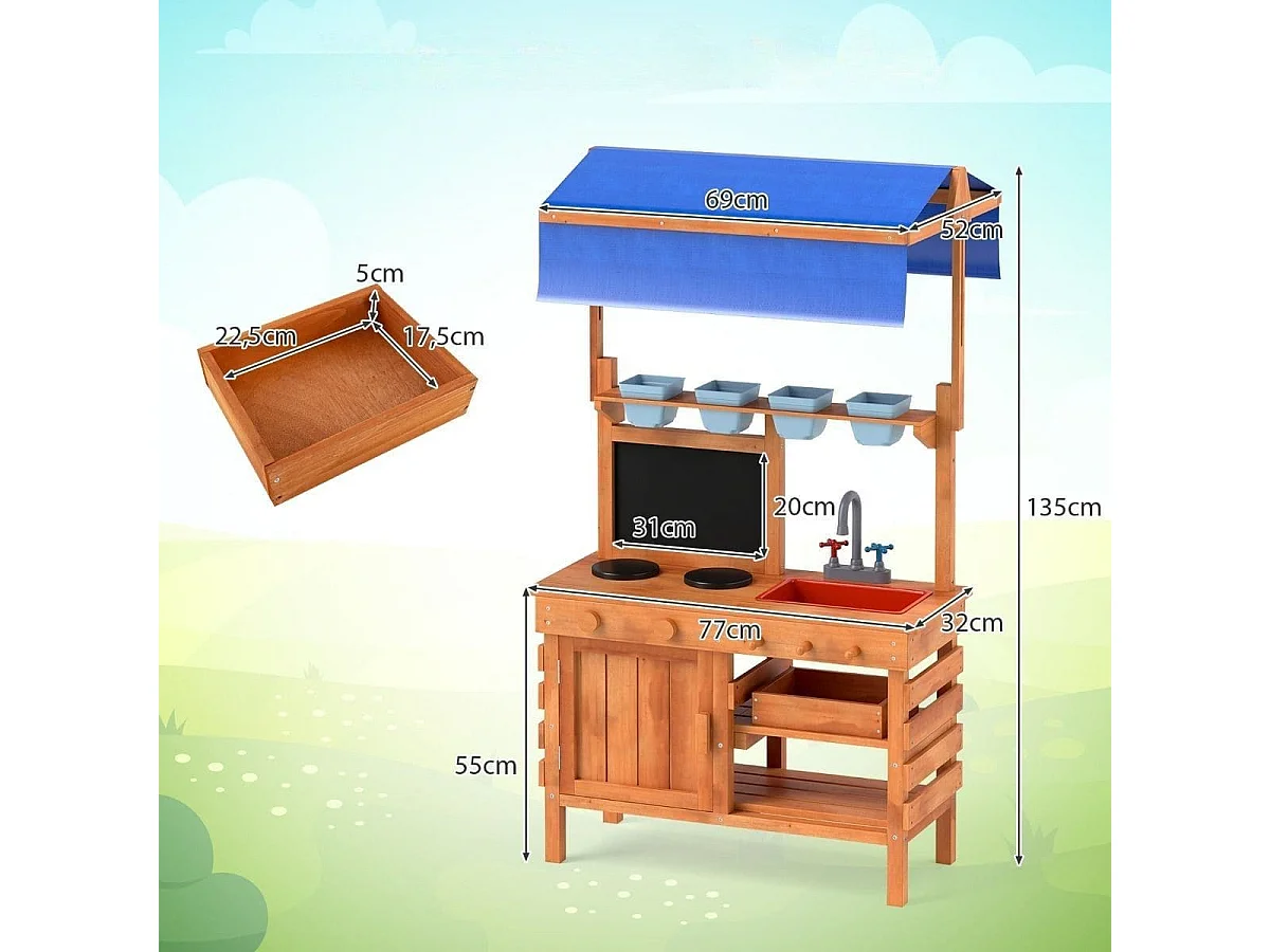 Cucina da gioco in legno cucina da gioco con tetto regolabile, Lavagna tazze per piante fornelli Naturale 136x77x56,5 cm