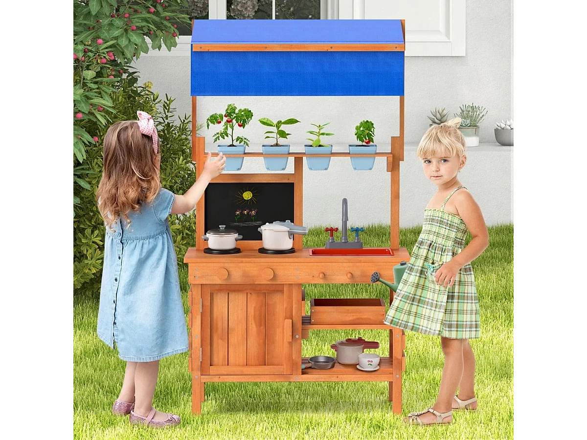 Cucina da gioco in legno cucina da gioco con tetto regolabile, Lavagna tazze per piante fornelli Naturale 136x77x56,5 cm