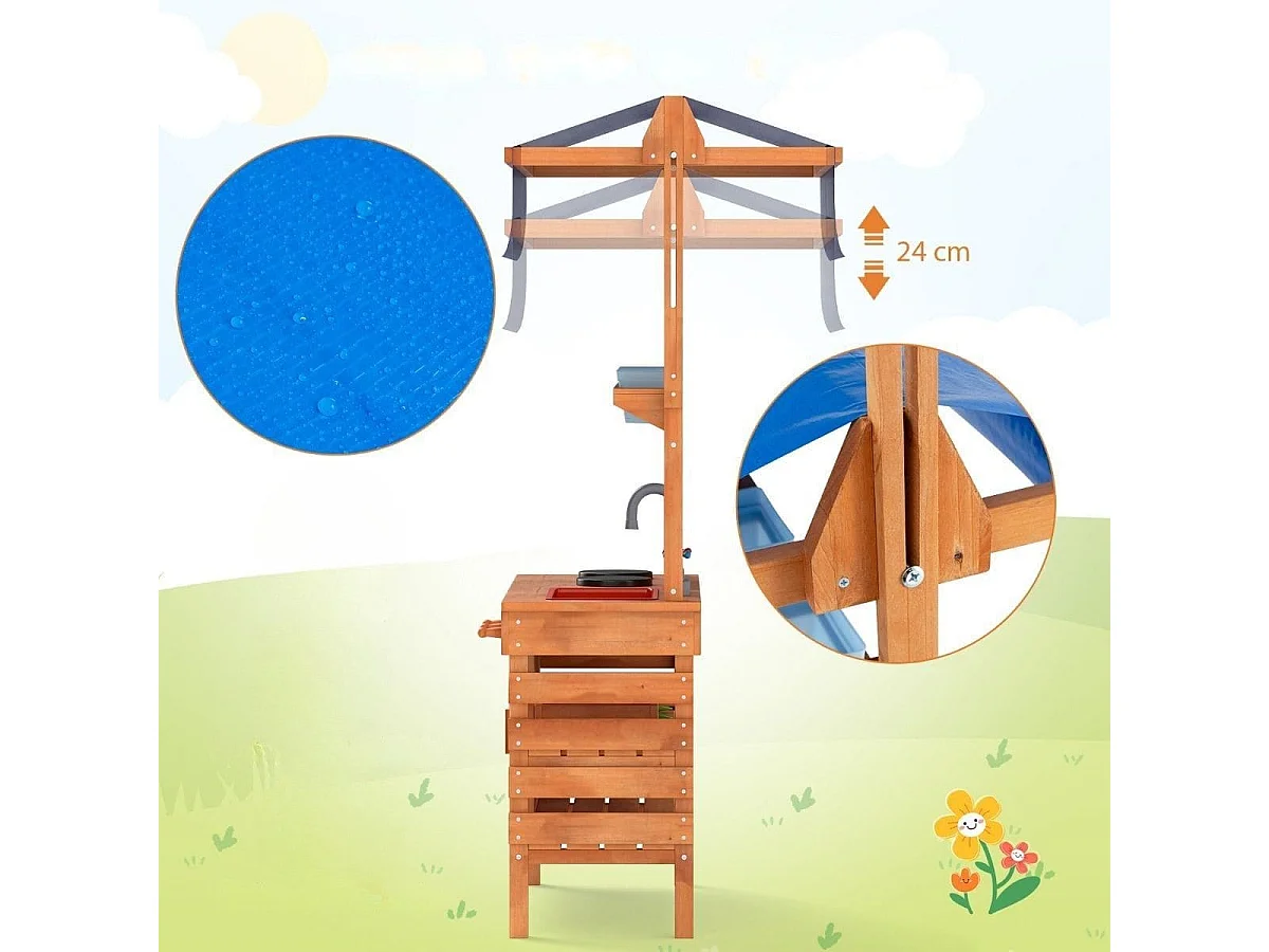 Cucina da gioco in legno cucina da gioco con tetto regolabile, Lavagna tazze per piante fornelli Naturale 136x77x56,5 cm