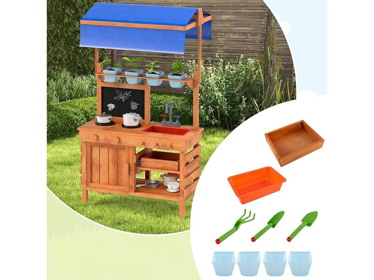 Cucina da gioco in legno cucina da gioco con tetto regolabile, Lavagna tazze per piante fornelli Naturale 136x77x56,5 cm