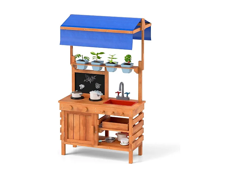 Cuisine de Boue en Bois pour Jeu de Rôle avec Auvent Réglable en Hauteur Tableau Noir Tasses de Plantation Plaques de Cuisson 135x77x52cm Naturel