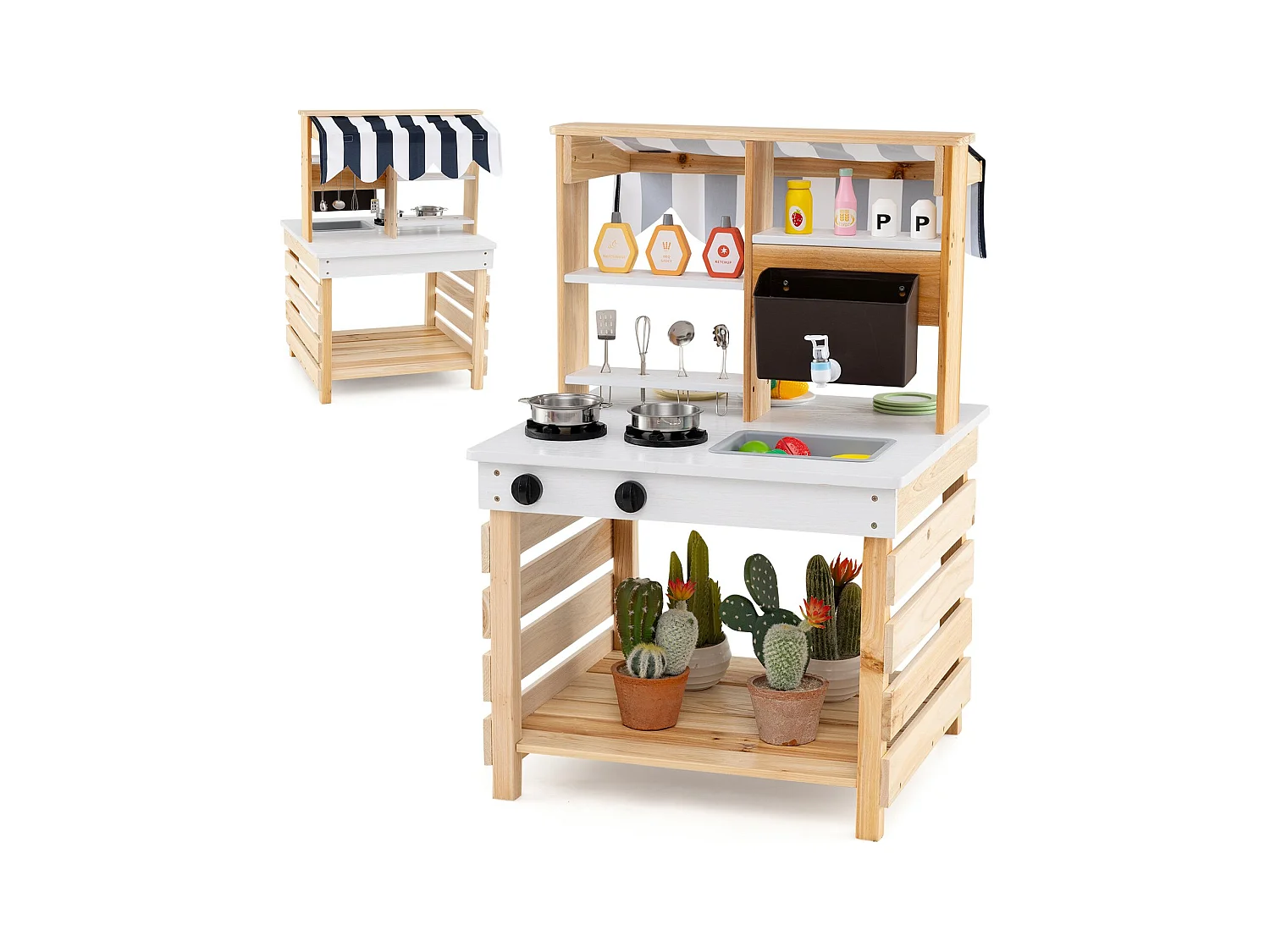 Outdoor Kinder Matschküche mit Wasserfunktion Kinderküche Doppelseitige Spielküche Natur