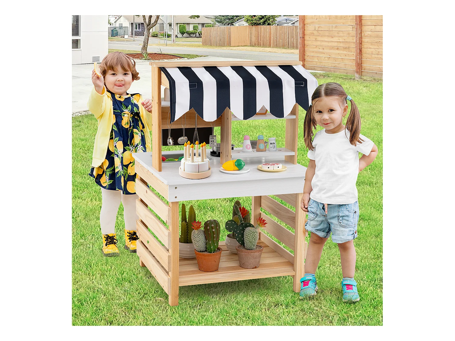 Outdoor Kinder Matschküche mit Wasserfunktion Kinderküche Doppelseitige Spielküche Natur