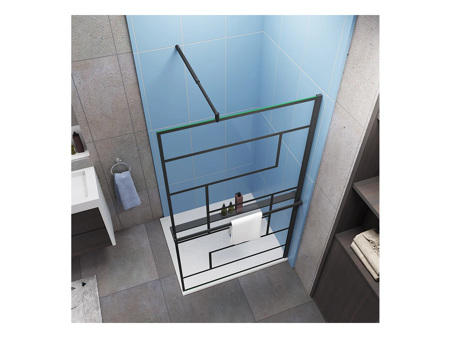 Industriële inloopdouchewand 140x200cm-onregelmatig blokpatroon-8mm easy clean glas-planchet-Stabilisatiestangen 70-120cm-mat zwart