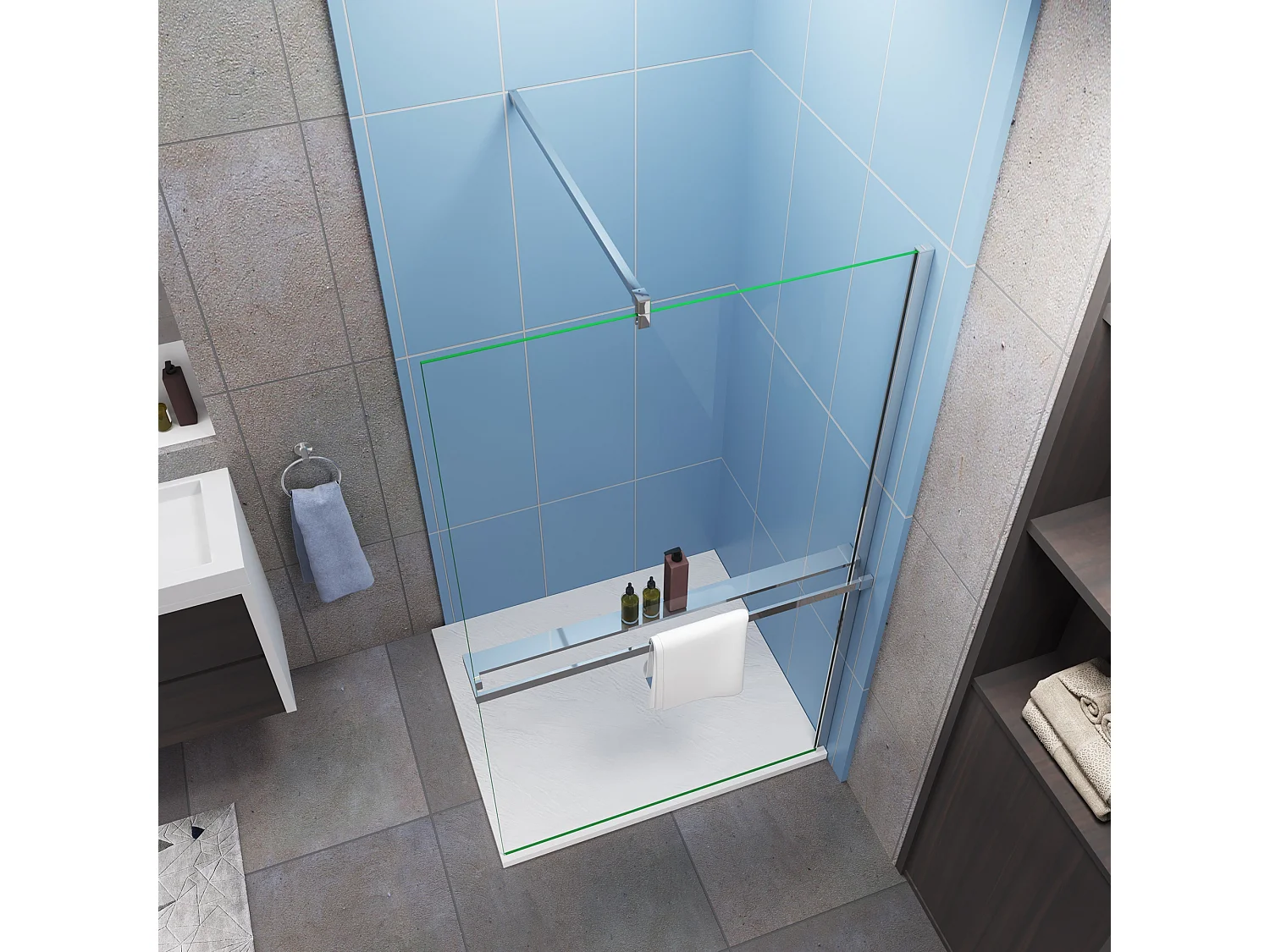 Moderne inloopdouche 80x200cm-8mm easy clean glas met planchet-F-stabilisatiestang 140cm-Snijbaar-glanzend chromen