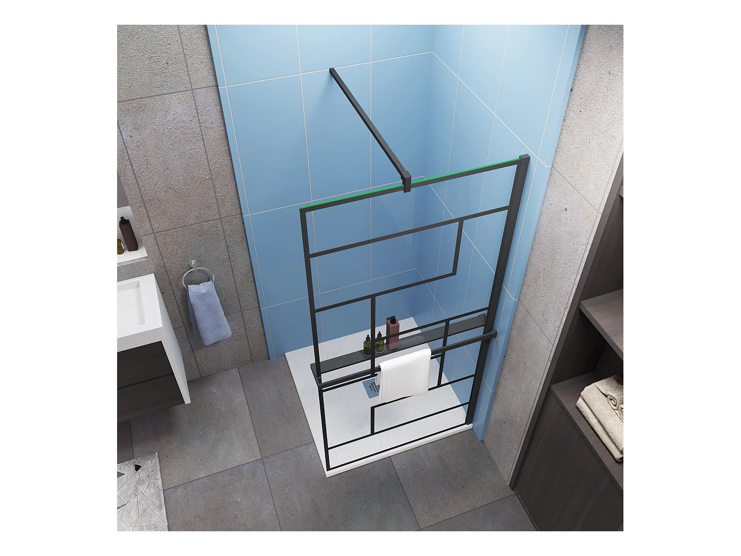 Industriële inloopdouchewand 80x200cm-onregelmatig blokpatroon-8mm easy clean glas-planchet-F-stabilisatiestang 90cm-Snijbaar-mat zwart