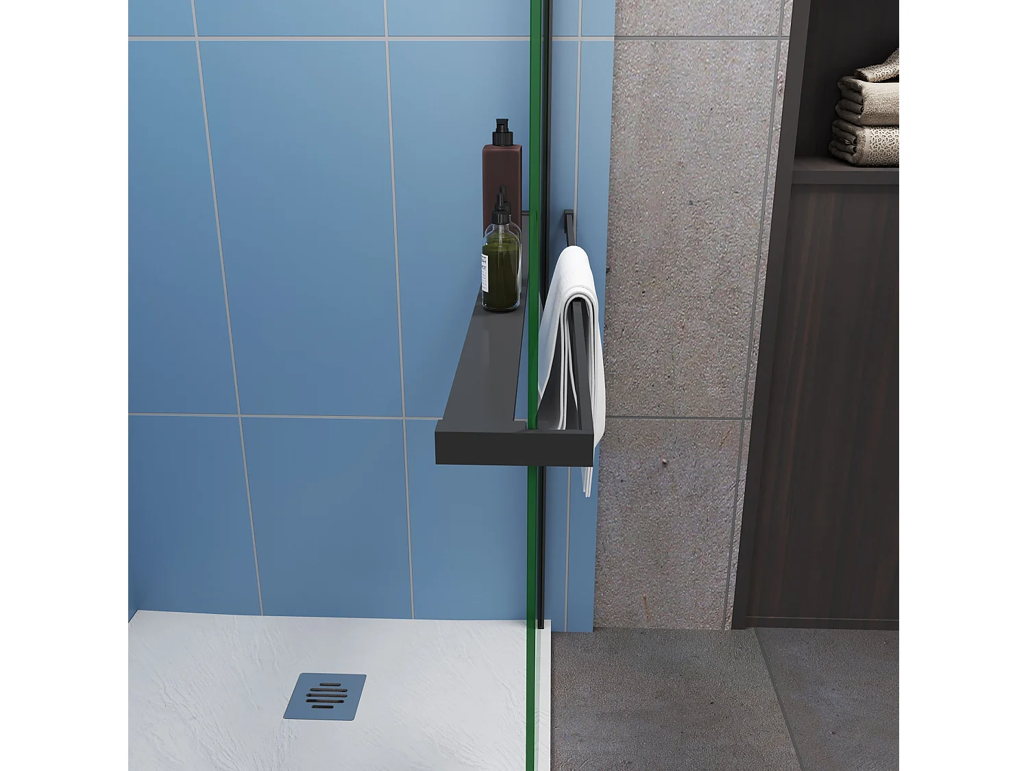 Moderne inloopdouche 100x200cm-8mm easy clean glas met planchet-F-stabilisatiestang 140cm-Snijbaar-Mat zwart