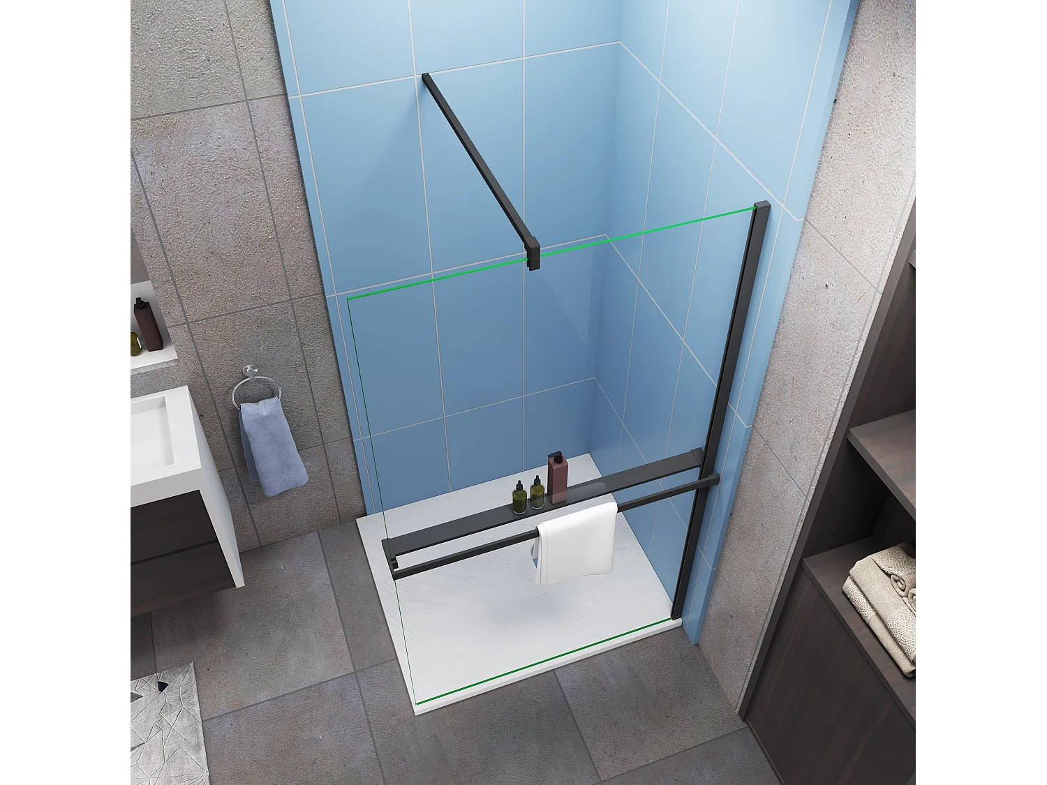 Moderne inloopdouche 100x200cm-8mm easy clean glas met planchet-F-stabilisatiestang 90cm-Snijbaar-Mat zwart