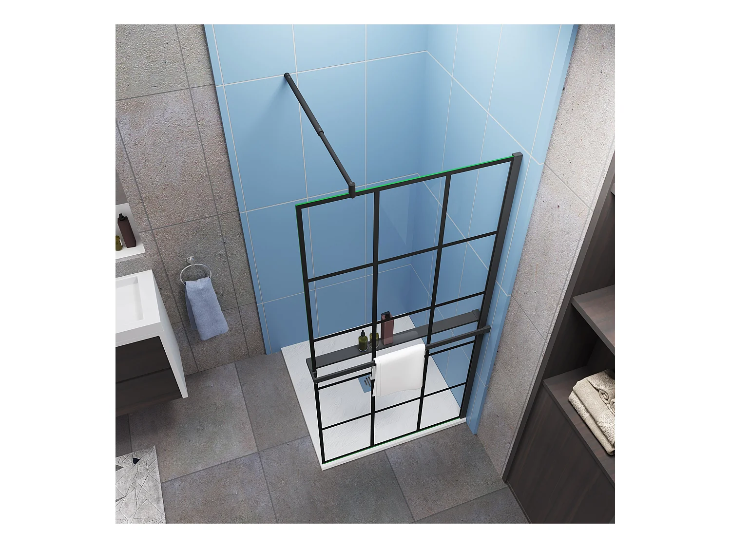 Industriële inloopdouchewand 80x200cm-Regelmatig blokpatroon-8mm easy clean glas-planchet-Stabilisatiestangen 70-120cm-mat zwart