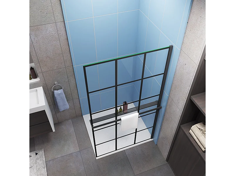 Industriële inloopdouchewand 120x200cm-Regelmatig blokpatroon-8mm easy clean glas-planchet-zwart