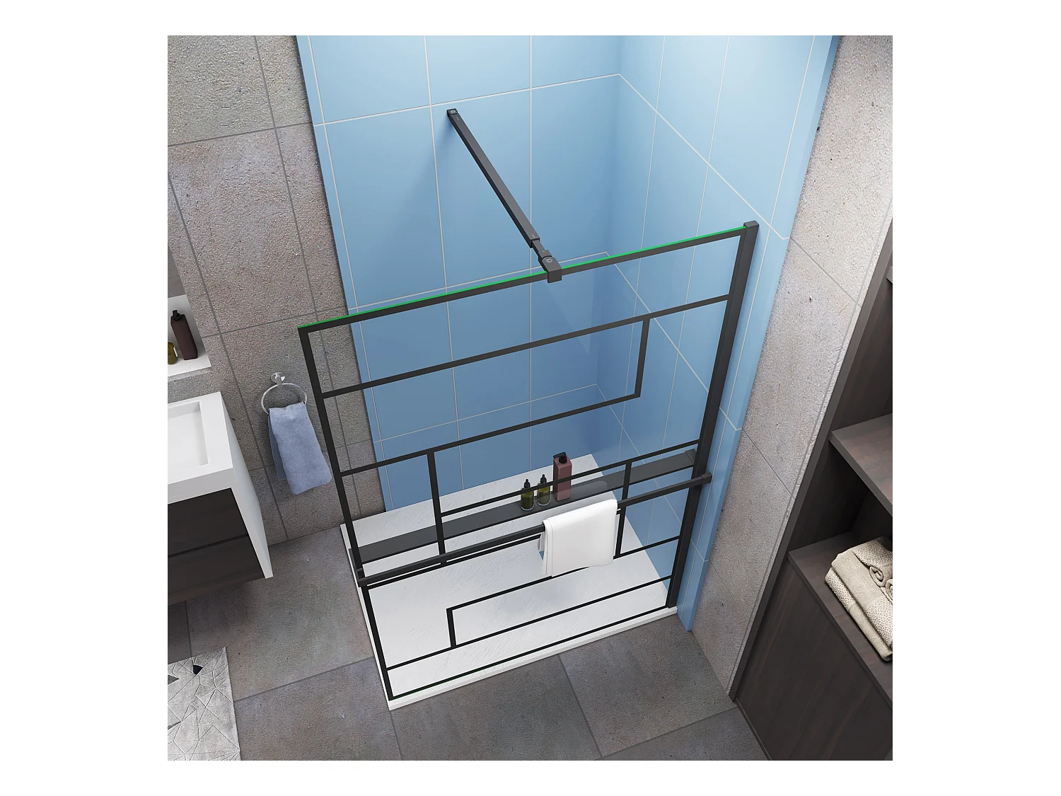Industriële inloopdouchewand 140x200cm-onregelmatig blokpatroon-8mm easy clean glas-planchet-Stabilisatiestangen 73-120cm-mat zwart