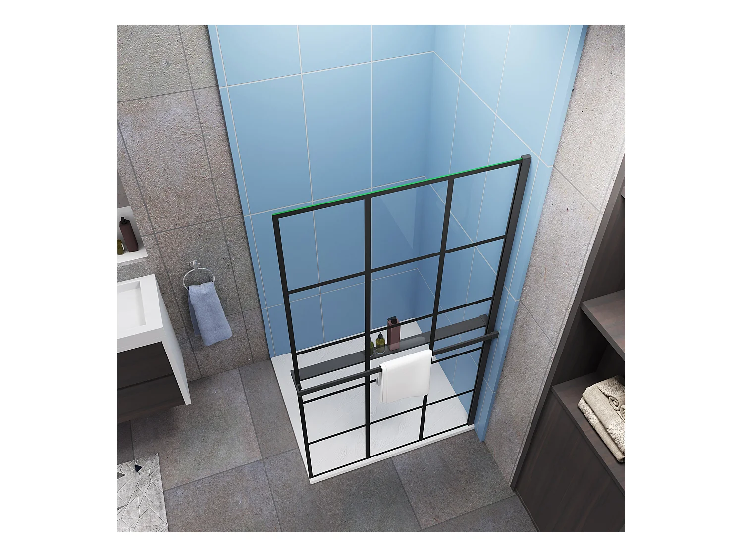 Industriële inloopdouchewand 140x200cm-Regelmatig blokpatroon-8mm easy clean glas-planchet-zwart