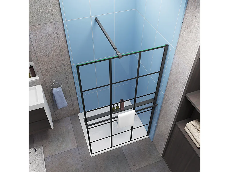 Industriële inloopdouchewand 120x200cm-Regelmatig blokpatroon-8mm easy clean glas-planchet-Stabilisatiestangen 73-120cm-mat zwart