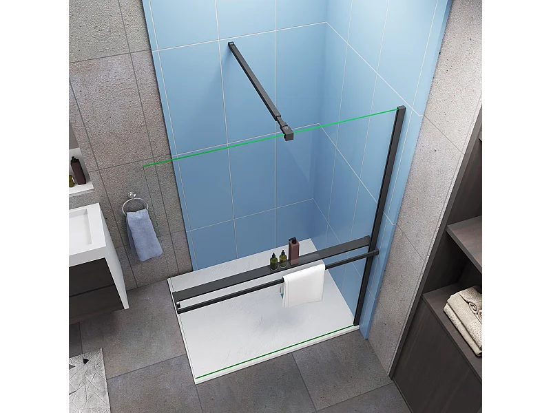 Moderne inloopdouche 140x200cm-8mm easy clean glas met planchet-Stabilisatiestangen 73–120cm-Mat zwart