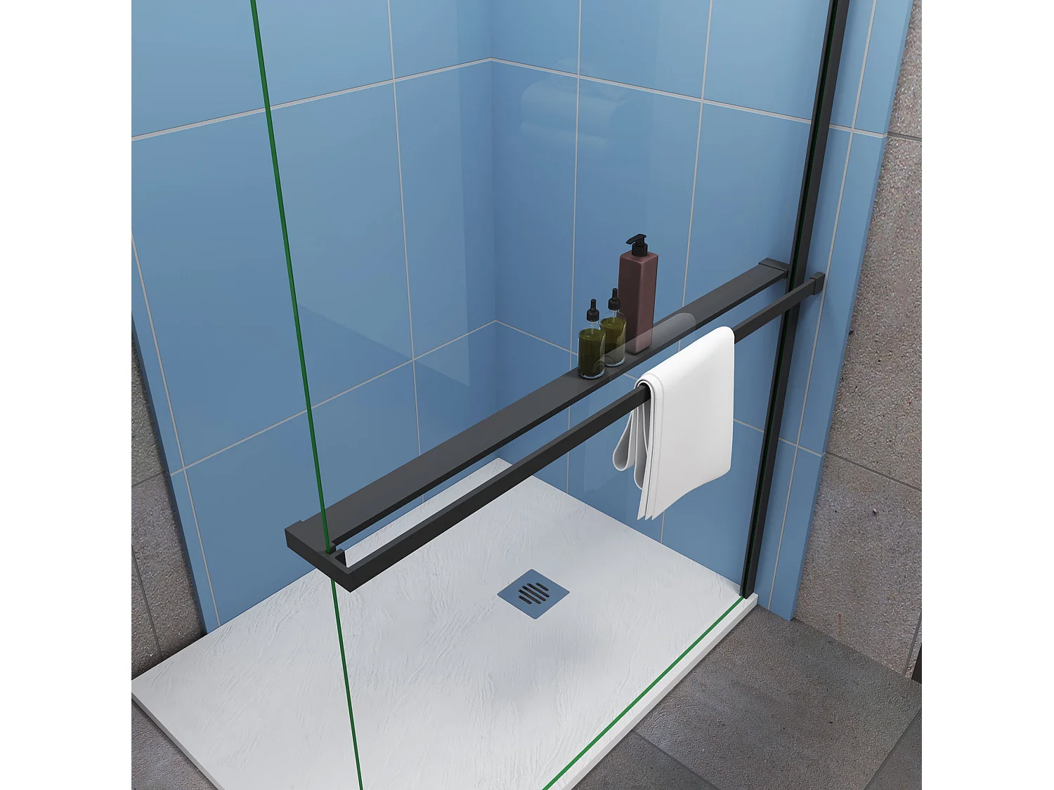 Moderne inloopdouche 140x200cm-8mm easy clean glas met planchet-F-stabilisatiestang 90cm-Snijbaar-Mat zwart