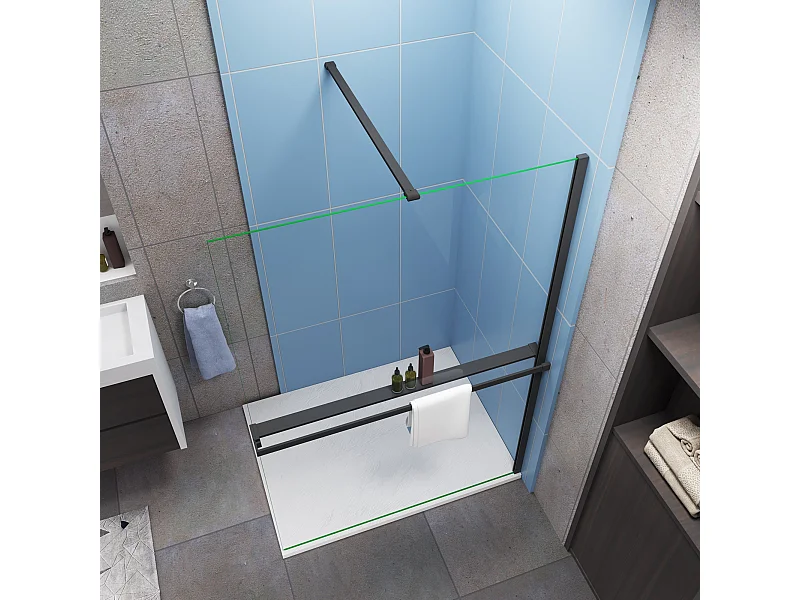 Moderne inloopdouche 120x200cm-8mm easy clean glas met planchet-N-stabilisatiestang 90cm-Snijbaar-Mat zwart