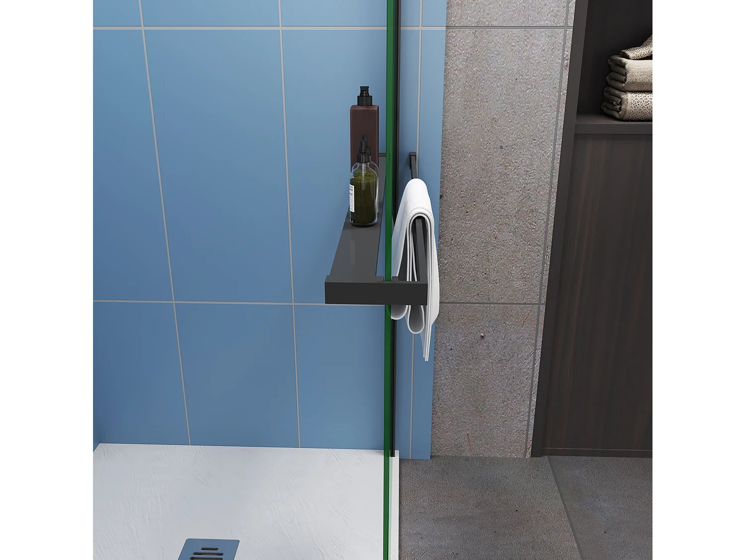 Moderne inloopdouche 90x200cm-8mm easy clean glas met planchet-Stabilisatiestangen 73–120cm-Mat zwart