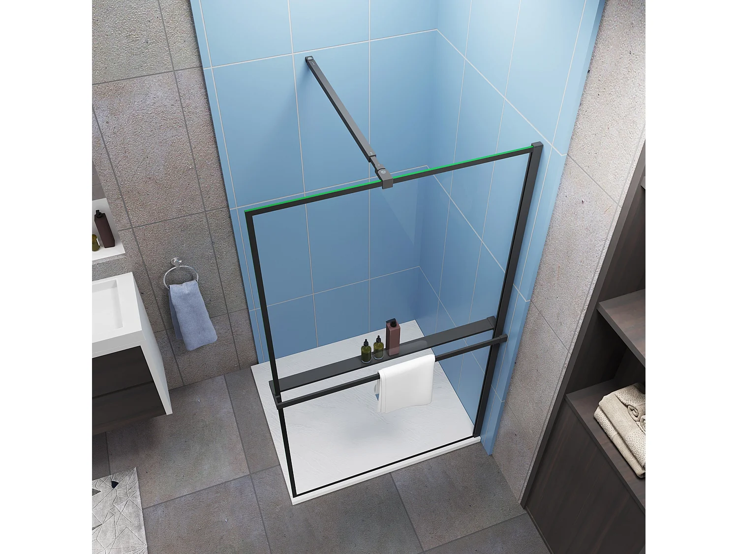 Ideale keuze voor de badkamer-inloopdouche 120x200cm-8mm easy clean glas met zwarte zeefdruk-planchet-Stabilisatiestangen 73-120cm mat zwart