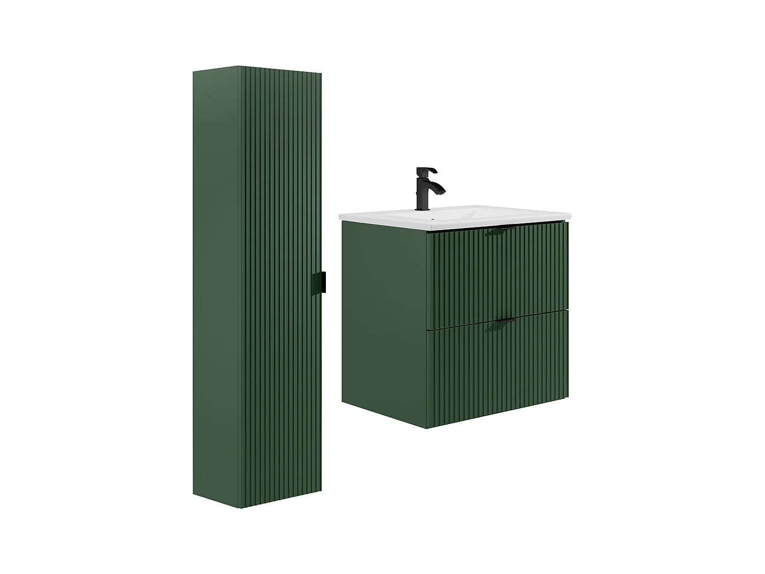 Meuble de salle de bain suspendu strié avec vasque à encastrer et colonne - Vert mat -  60 cm -ZEVINI