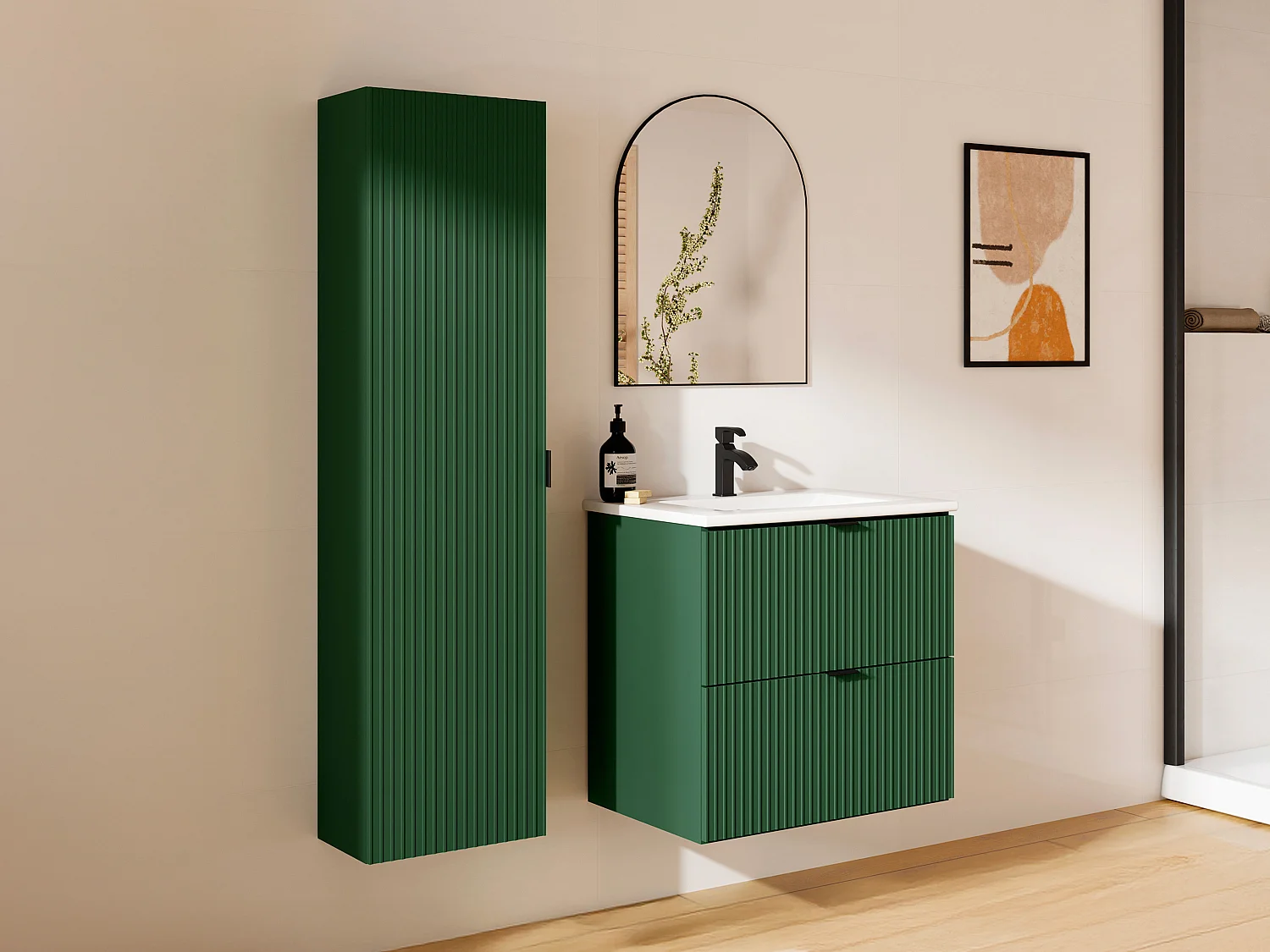 Móvel de casa de banho suspenso estriado com lavatório de encastrar e coluna - Verde mate - 60 cm -ZEVINI