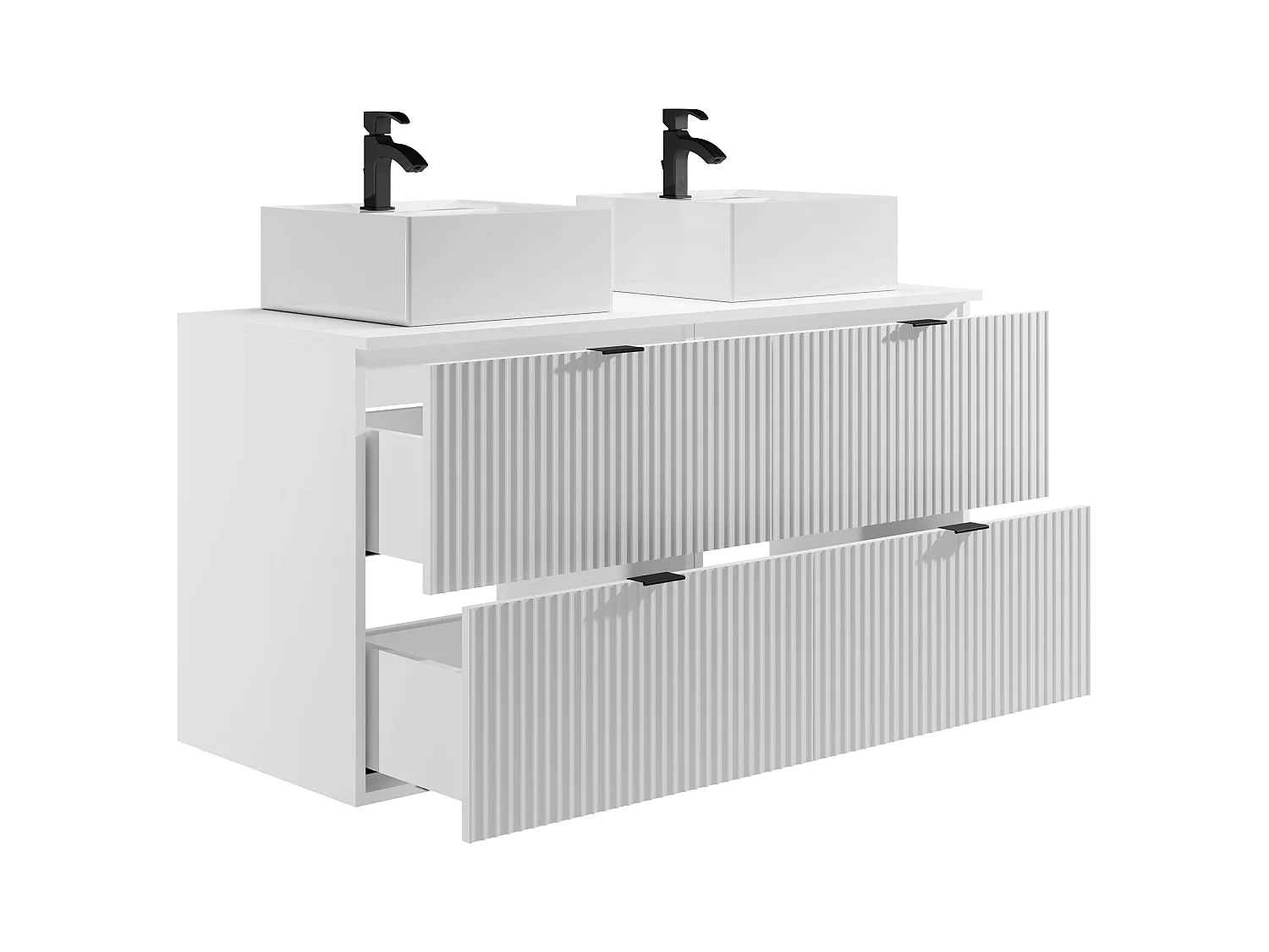 Meuble de salle de bain suspendu strié avec vasque à poser carrée - Blanc mat - 120 cm - ZEVINI