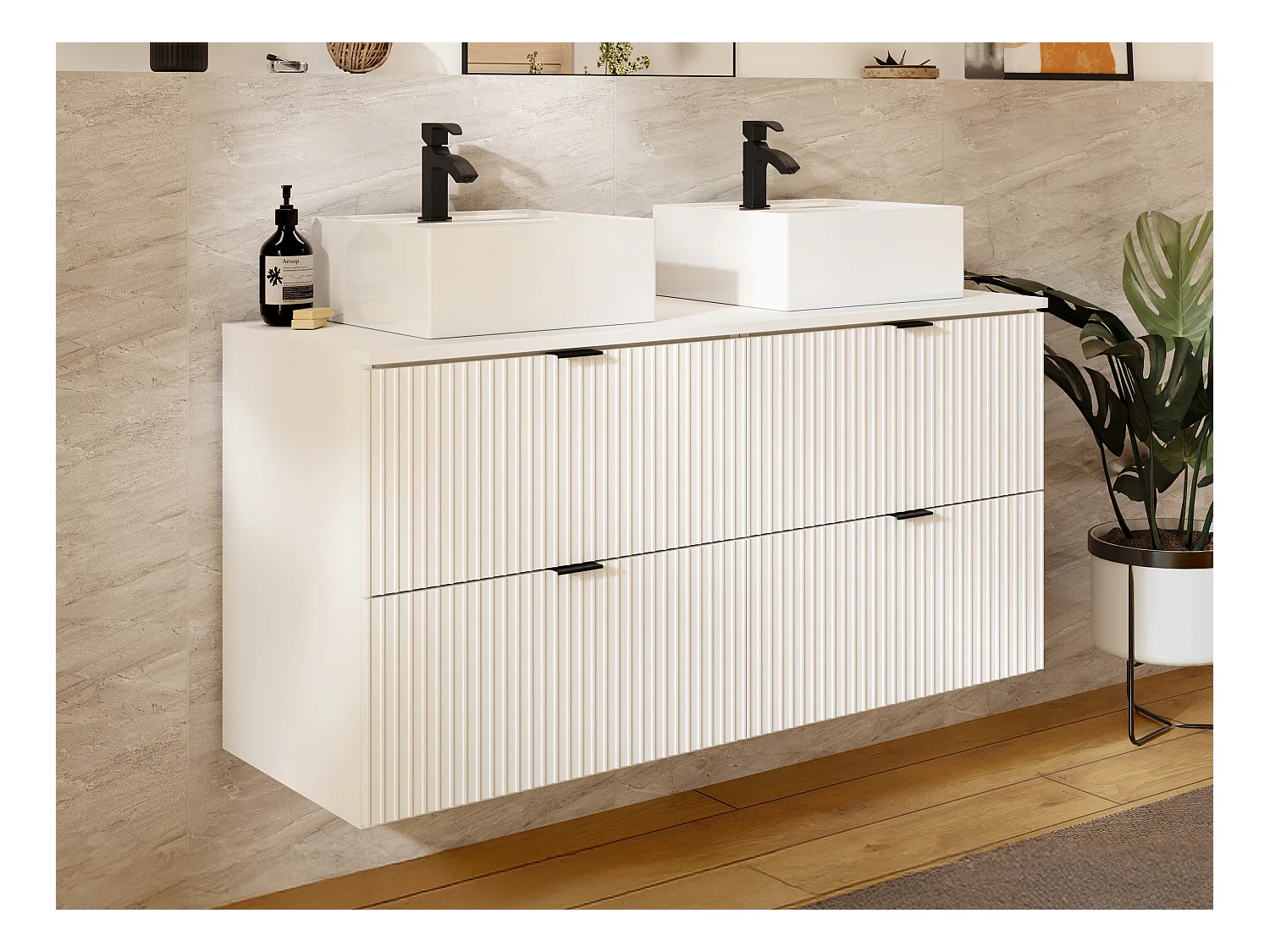 Meuble de salle de bain suspendu strié avec vasque à poser carrée - Blanc mat - 120 cm - ZEVINI