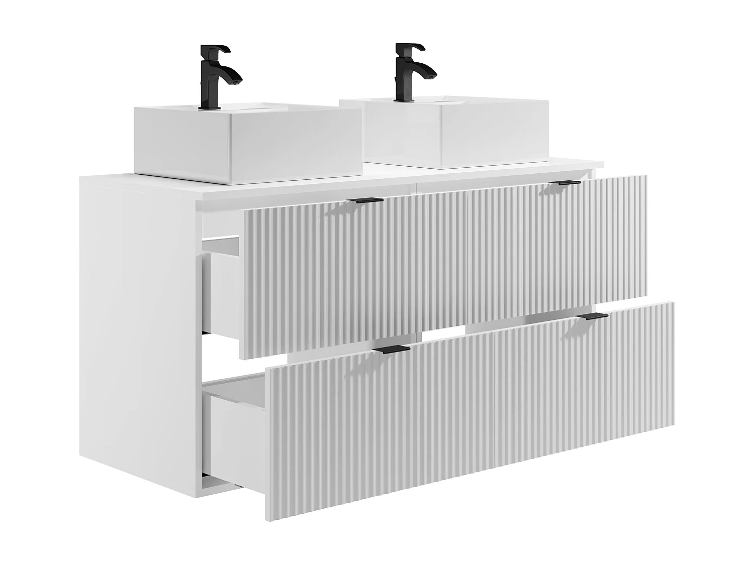 Meuble de salle de bain suspendu strié avec vasque à poser carrée - Blanc mat - 120 cm - ZEVINI