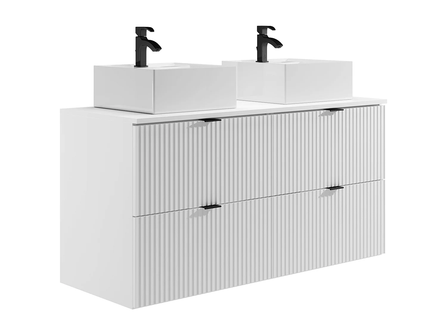 Meuble de salle de bain suspendu strié avec vasque à poser carrée - Blanc mat - 120 cm - ZEVINI