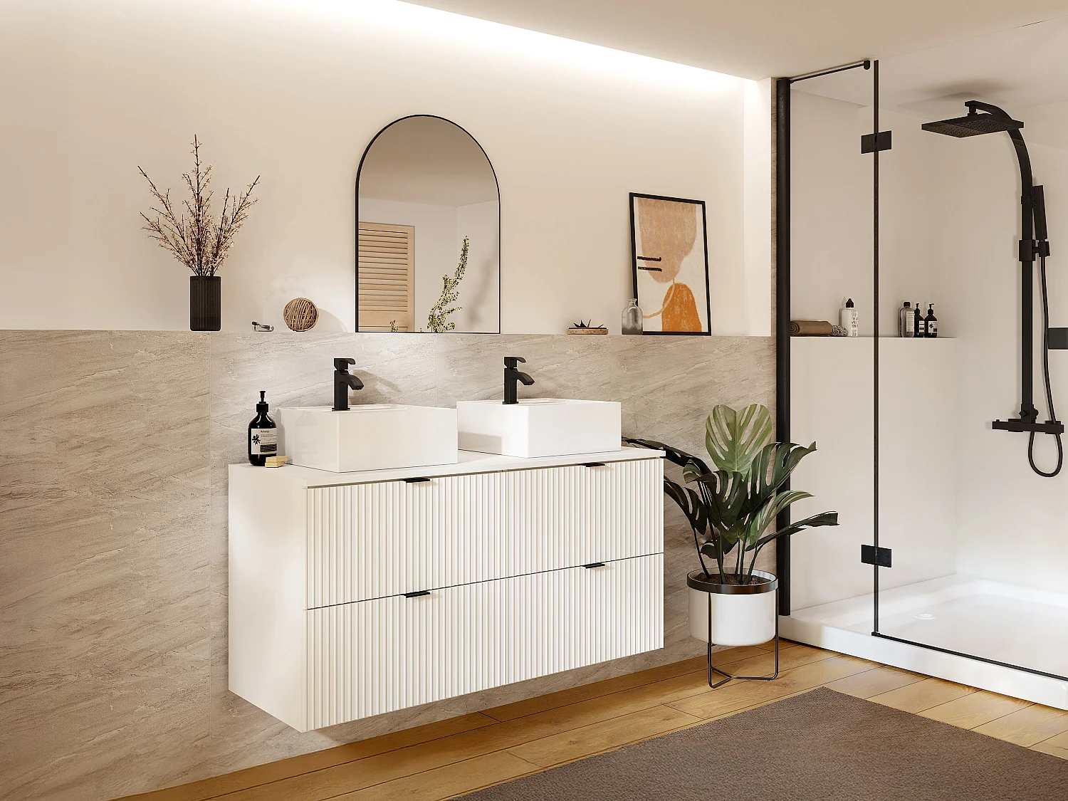 Meuble de salle de bain suspendu strié avec vasque à poser carrée - Blanc mat - 120 cm - ZEVINI