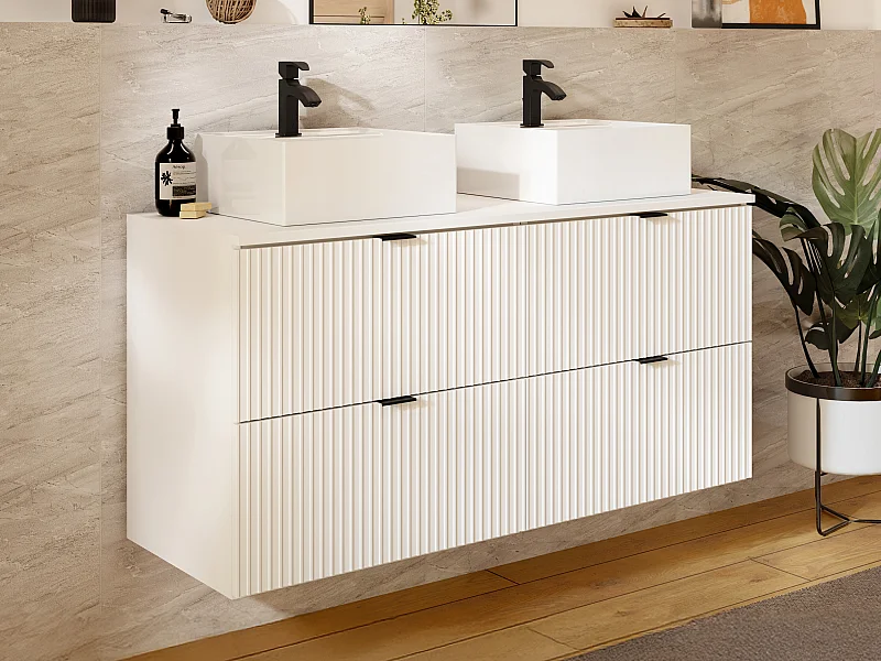 Mobile per bagno sospeso con scanalature con lavabo da incasso quadrato - Bianco opaco - 120 cm - ZEVINI