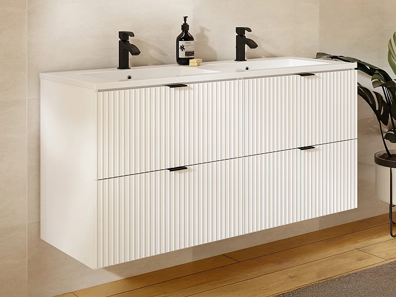 Móvel de casa de banho suspenso estriado com lavatório de encastrar - Branco mate - 120 cm - ZEVINI