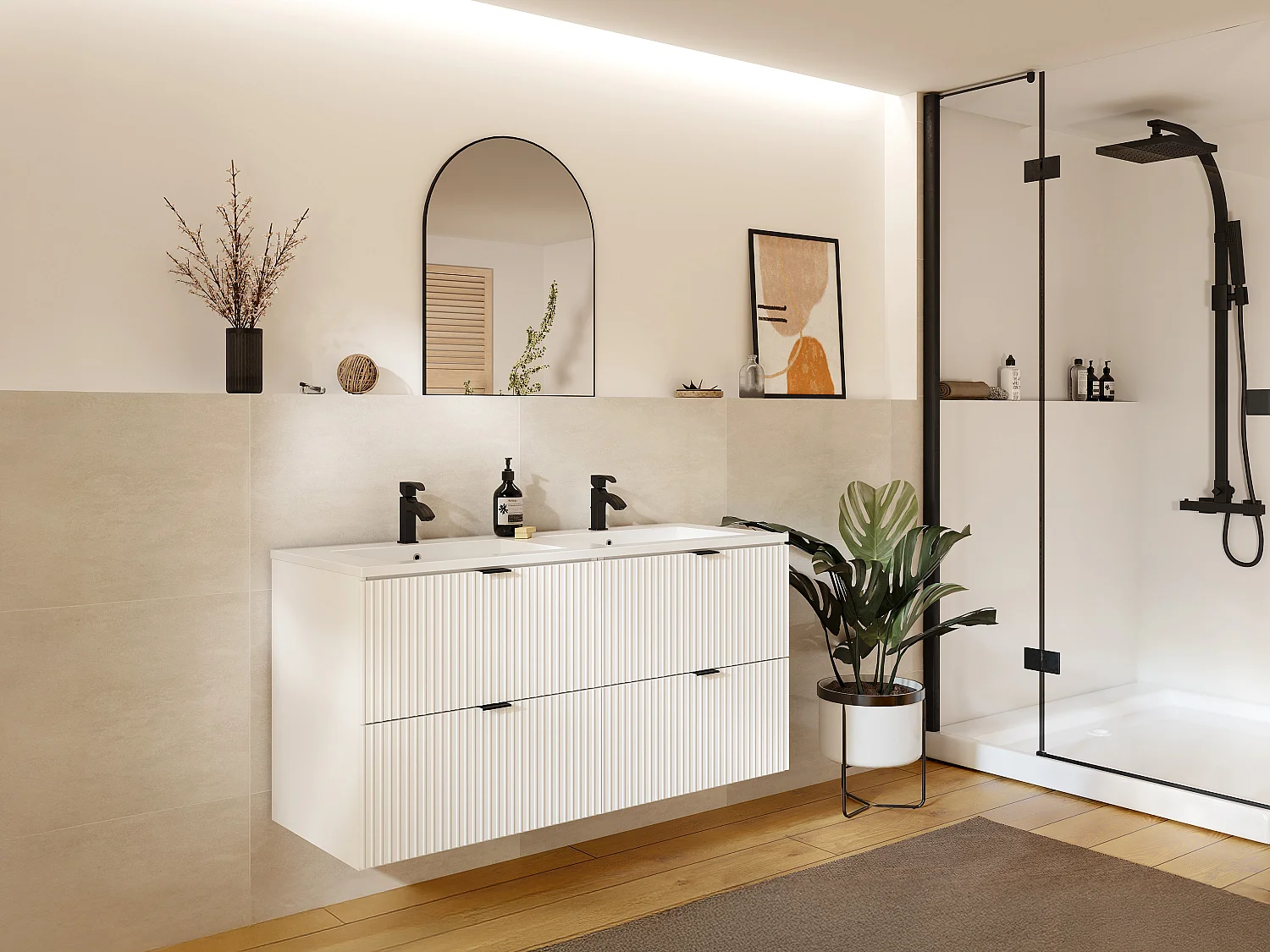 Meuble de salle de bain suspendu strié avec vasque à encastrer - Blanc mat - 120 cm - ZEVINI