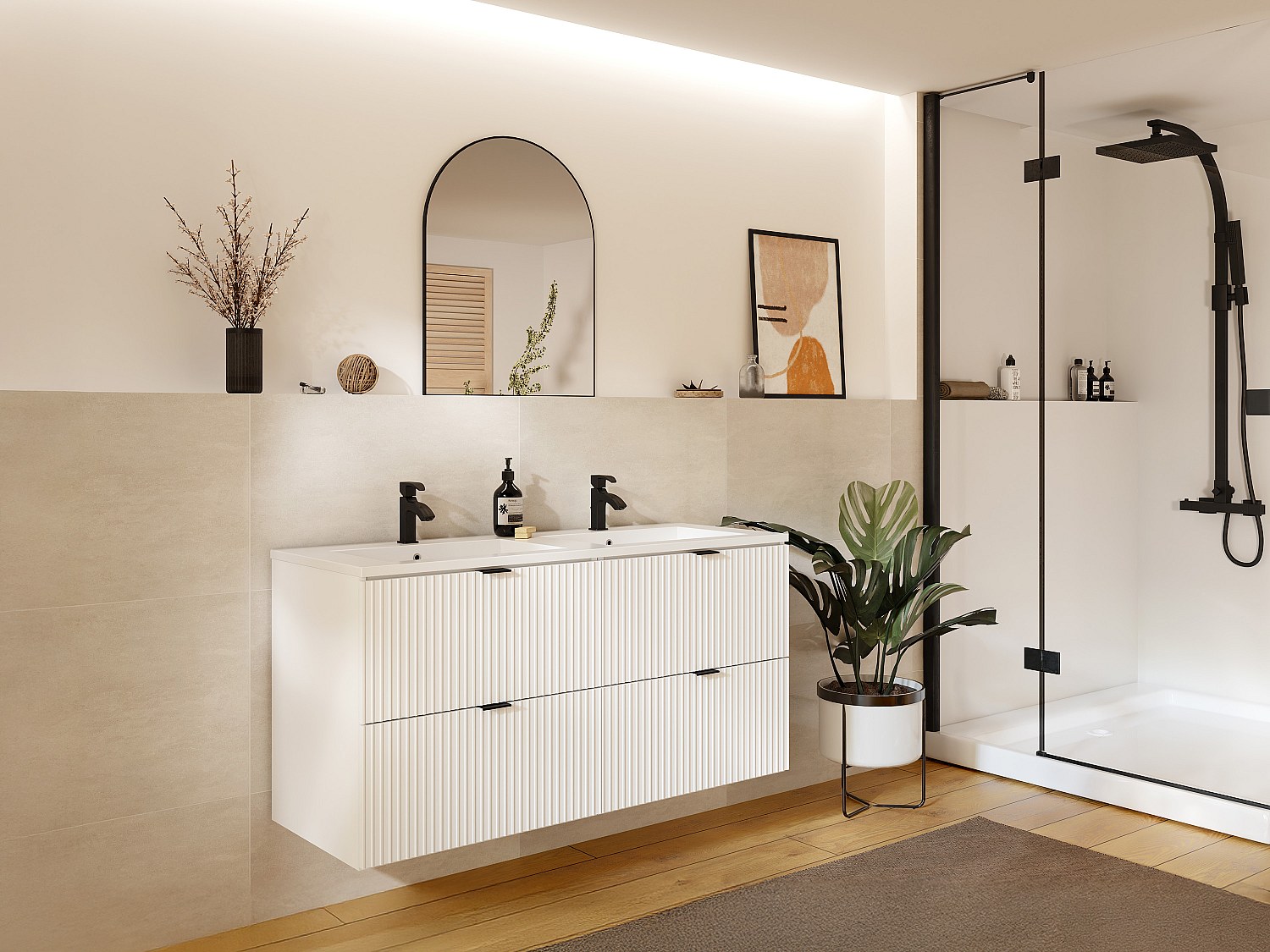 Waschbeckenunterschrank hängend  - Streifenoptik - Weiß matt - Einbauwaschb günstig online kaufen