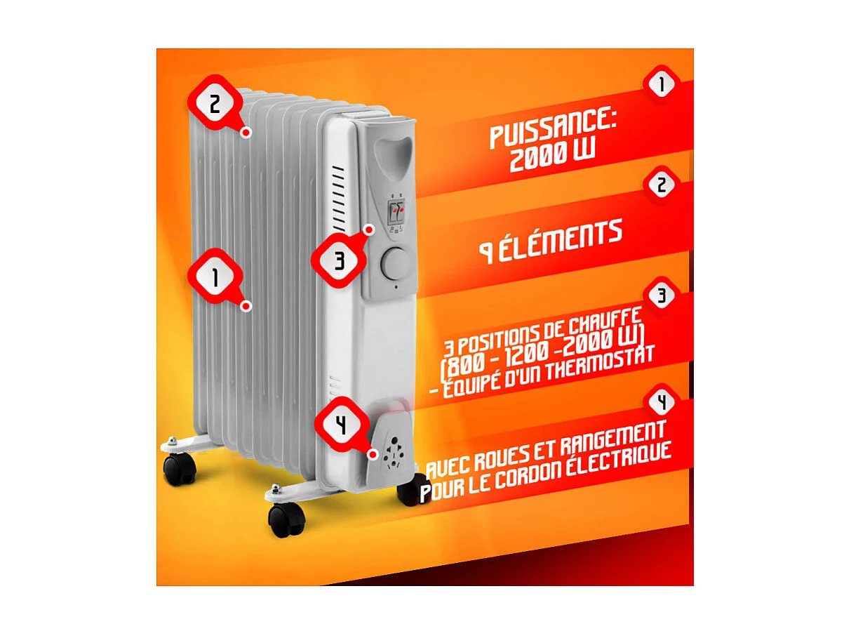 Radiateur à bain d'huile Warm Tech 2000 W, 9 éléments