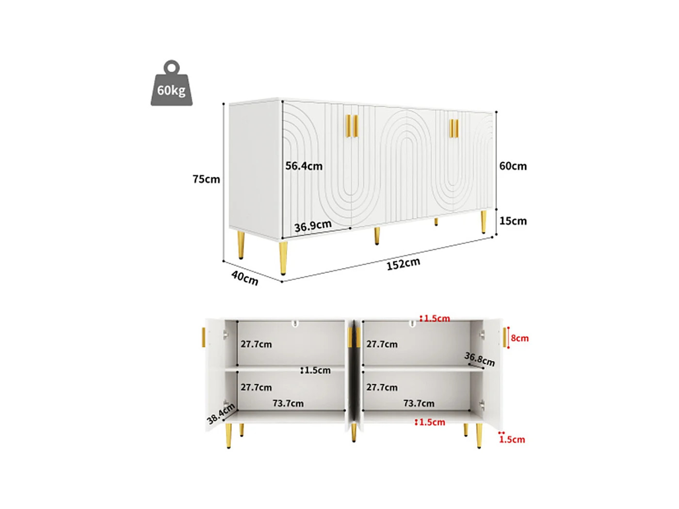 Sideboard mit einzigartigem Wellendesign, Kommode Wohnzimmerunterschrank(152 x 40 x 75 cm)