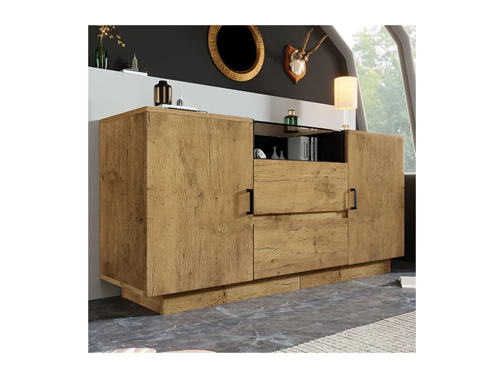 Kommode, Sideboard mit 2 Schubladen + 2 Schränken (innen höhenverstellbar) & offenem Fach Glas  H70/B140/T40 cm