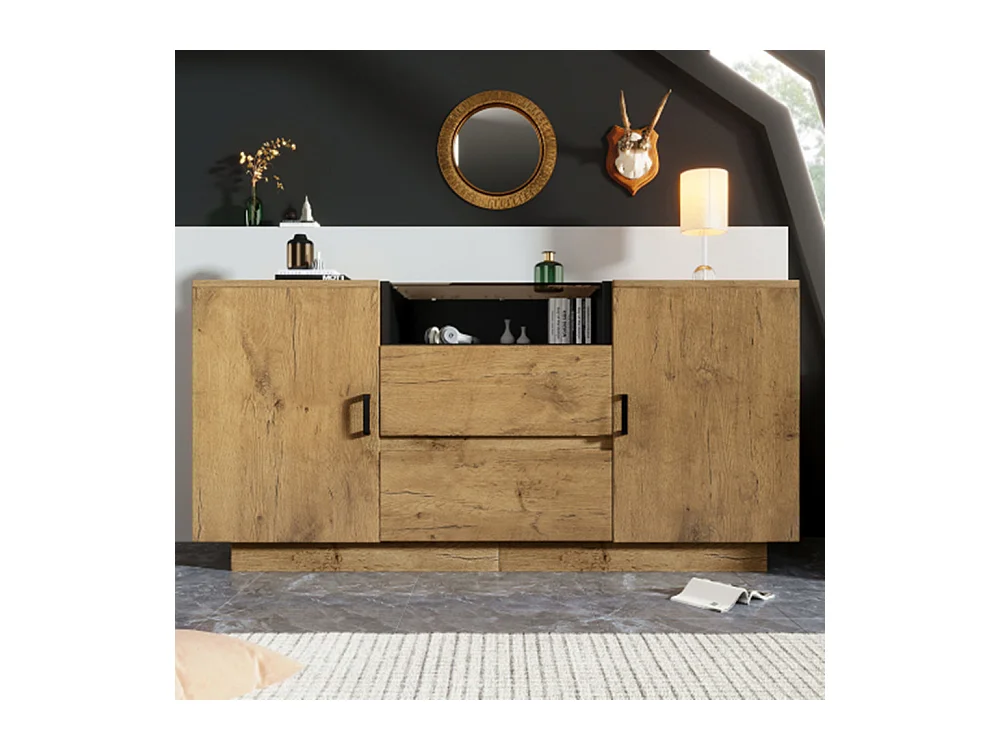 Kommode, Sideboard mit 2 Schubladen + 2 Schränken (innen höhenverstellbar) & offenem Fach Glas  H70/B140/T40 cm