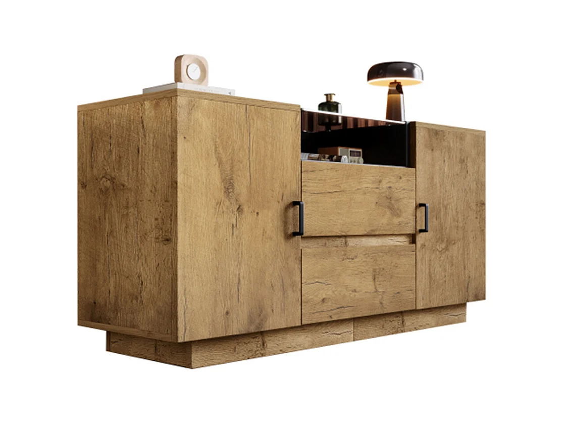 Kommode, Sideboard mit 2 Schubladen + 2 Schränken (innen höhenverstellbar) & offenem Fach Glas  H70/B140/T40 cm