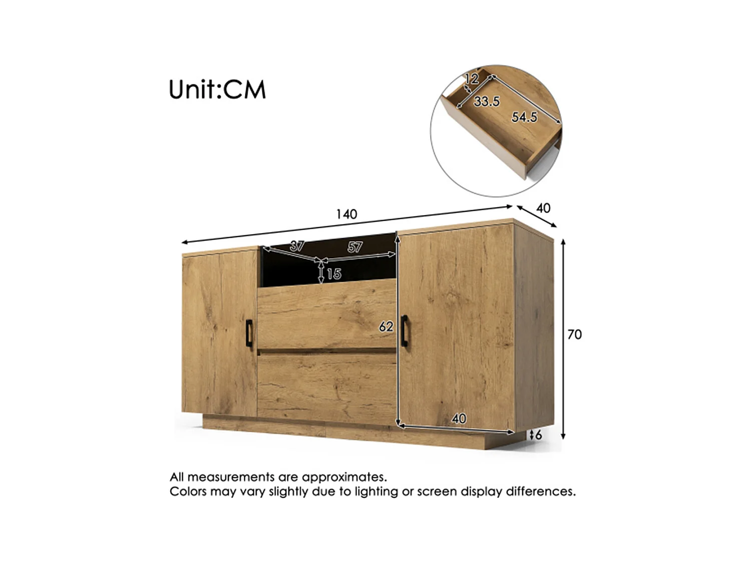 Kommode, Sideboard mit 2 Schubladen + 2 Schränken (innen höhenverstellbar) & offenem Fach Glas  H70/B140/T40 cm